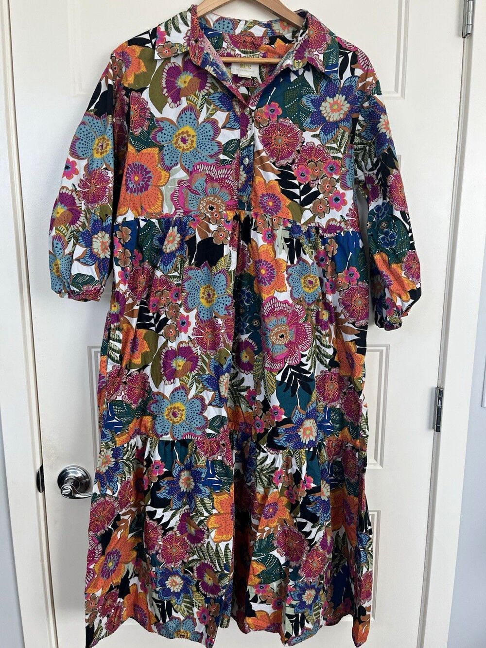 Anthropologie Maeve Bettina Tiered Shirt Dress Floral Patchwork Medium M Pockets